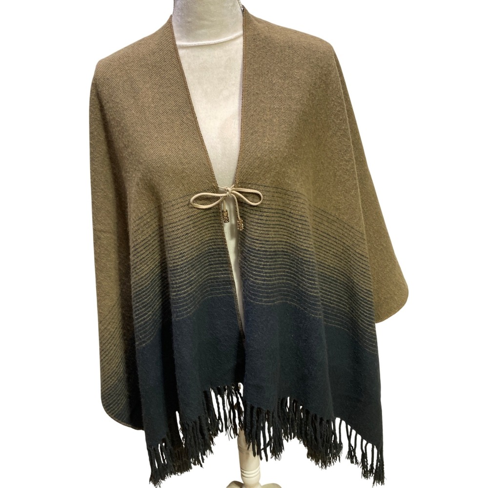 Marc New York Ombre Fringe Poncho Wrap Shawl One Size Taupe Black Lagenlook Boho